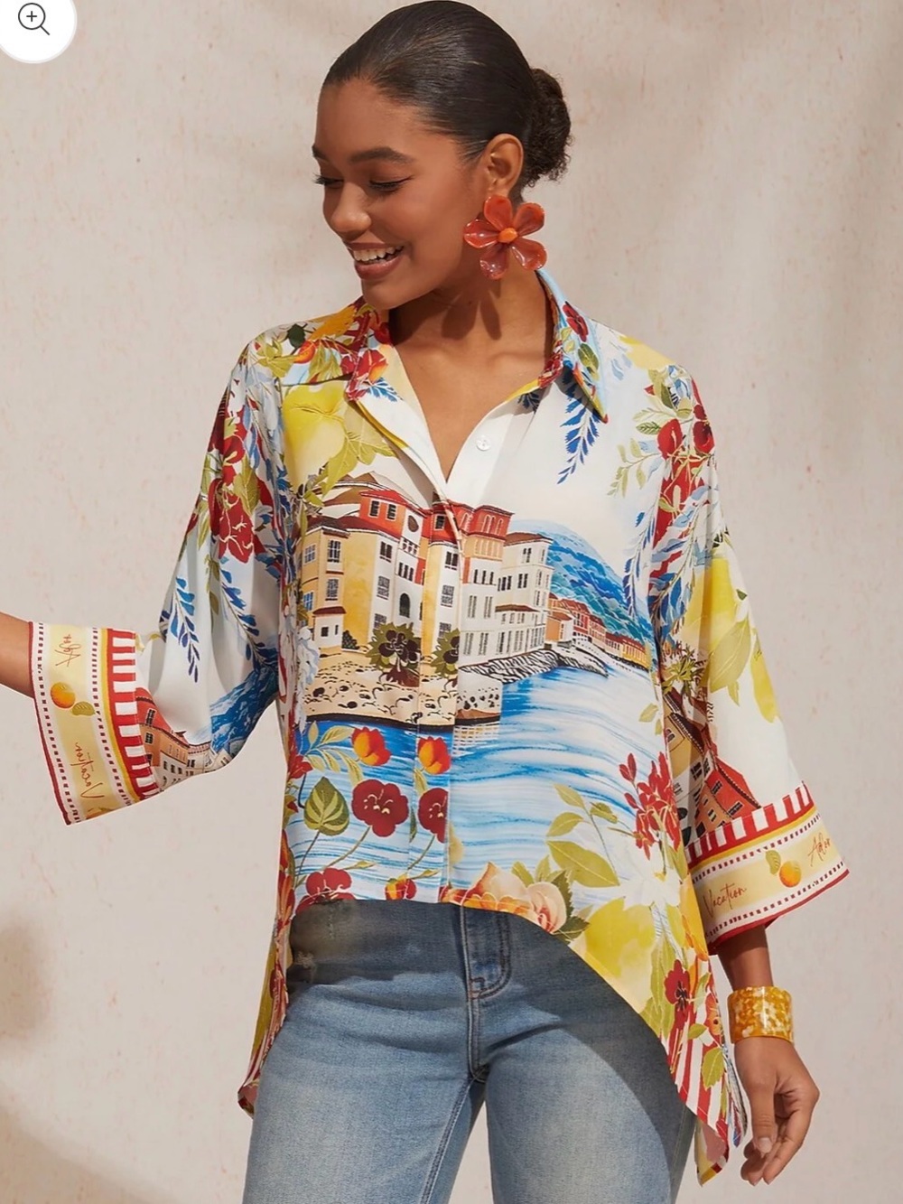 Santorini Summer Flowy Chiffon Scenic Floral Blouse